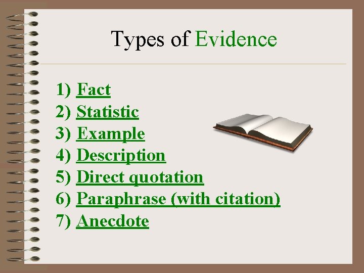 Types of Evidence 1) Fact 2) Statistic 3) Example 4) Description 5) Direct quotation