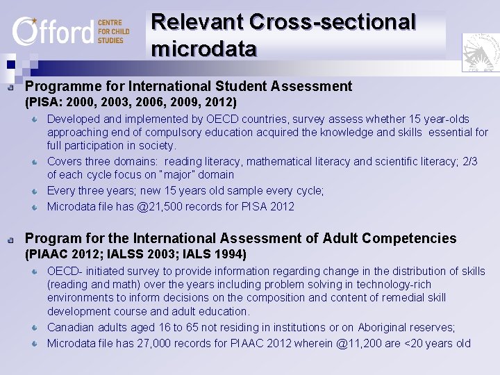 Relevant Cross-sectional microdata Programme for International Student Assessment (PISA: 2000, 2003, 2006, 2009, 2012)