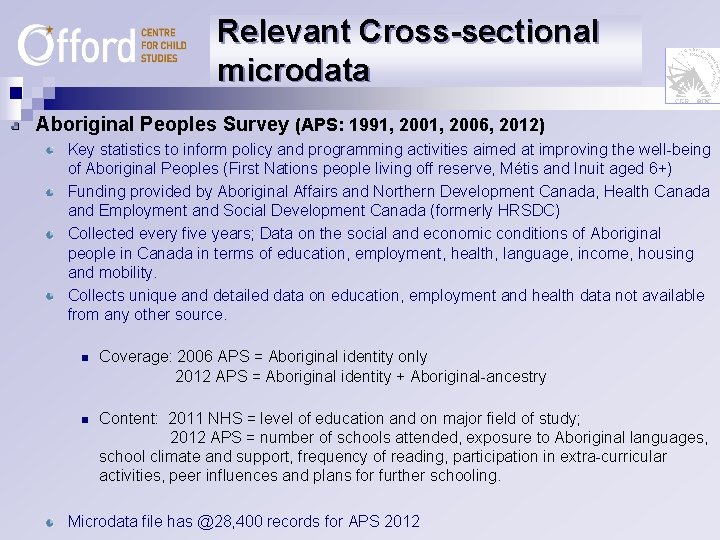 Relevant Cross-sectional microdata Aboriginal Peoples Survey (APS: 1991, 2006, 2012) Key statistics to inform