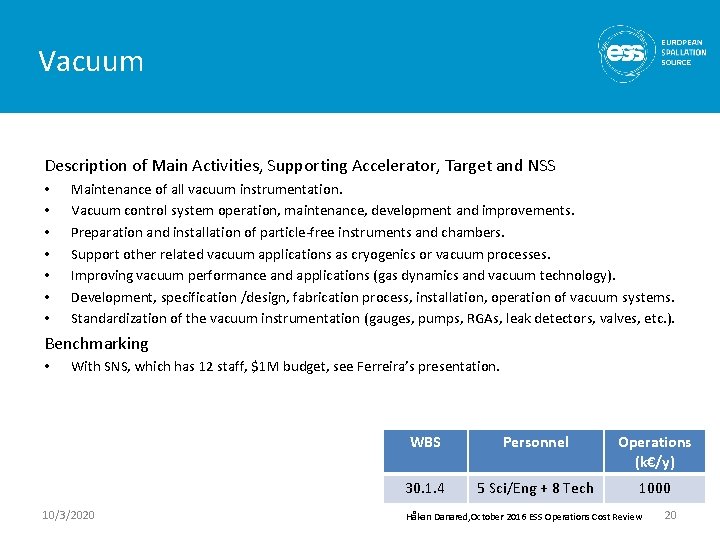 Vacuum Description of Main Activities, Supporting Accelerator, Target and NSS • • Maintenance of