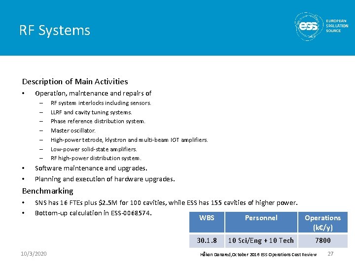 RF Systems Description of Main Activities • Operation, maintenance and repairs of – –