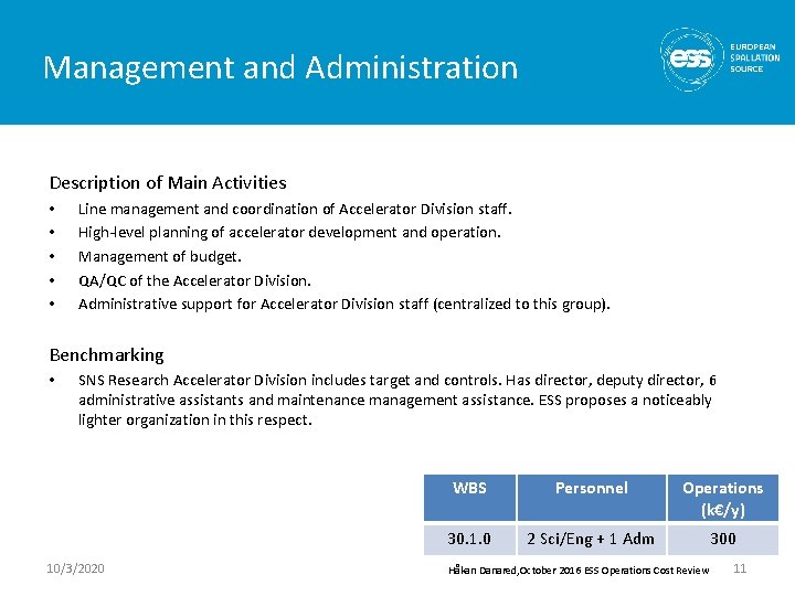 Management and Administration Description of Main Activities • • • Line management and coordination