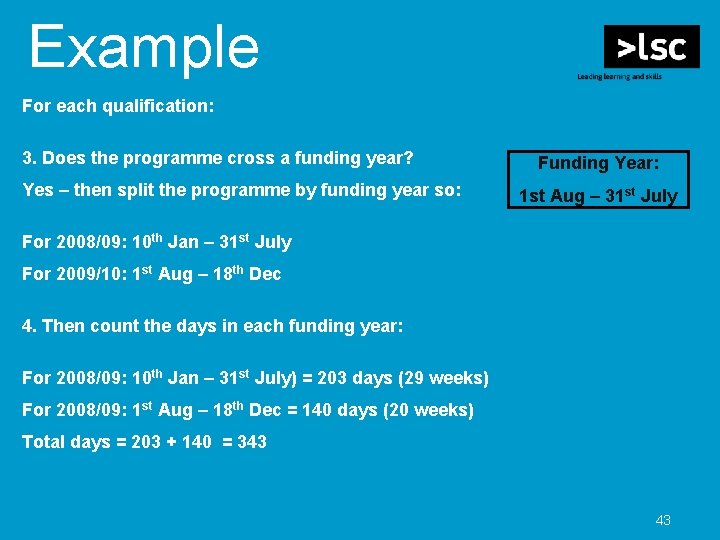 Example For each qualification: 3. Does the programme cross a funding year? Yes –