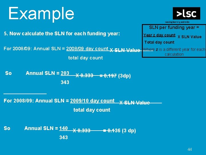 Example SLN per funding year = 5. Now calculate the SLN for each funding