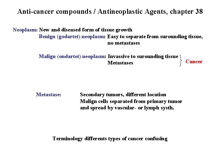 Anti-cancer compounds / Antineoplastic Agents, chapter 38 Neoplasm: New and diseased form of tissue