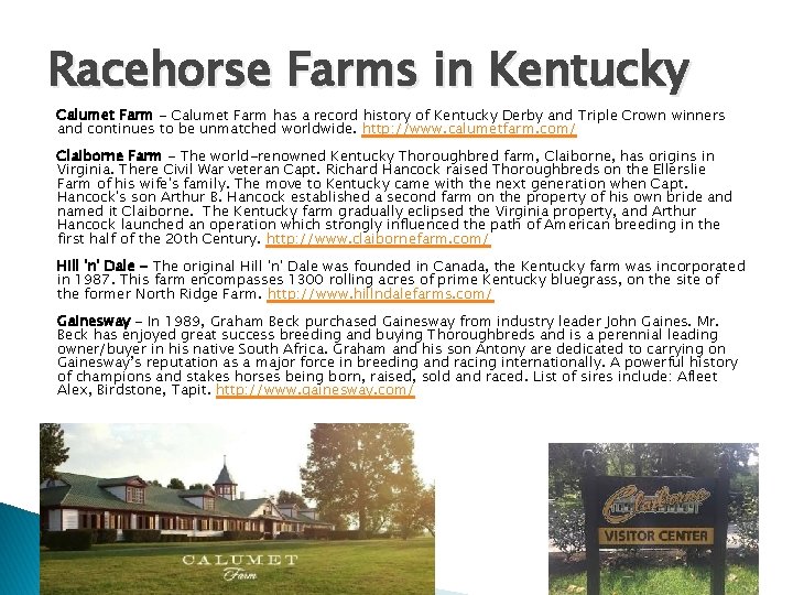 Racehorse Farms in Kentucky Calumet Farm - Calumet Farm has a record history of