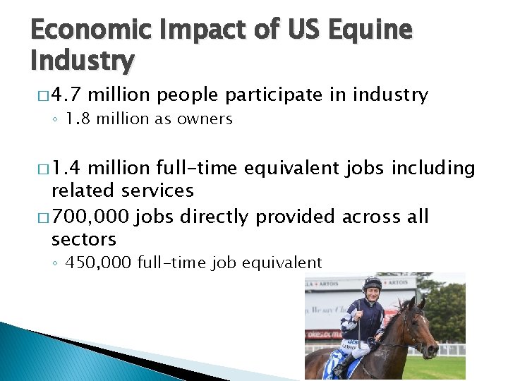 Economic Impact of US Equine Industry � 4. 7 million people participate in industry