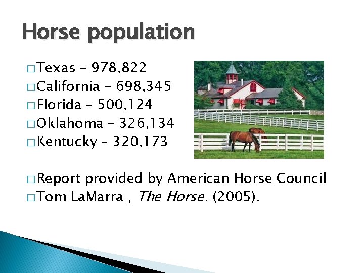 Horse population � Texas – 978, 822 � California – 698, 345 � Florida