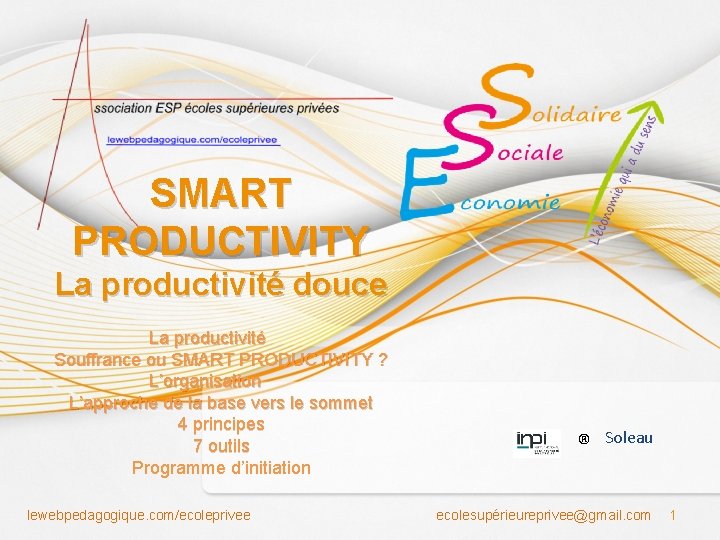 SMART PRODUCTIVITY La productivité douce La productivité Souffrance ou SMART PRODUCTIVITY ? L’organisation L’approche