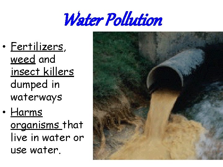 Water Pollution • Fertilizers, weed and insect killers dumped in waterways • Harms organisms Water Pollution • Fertilizers, weed and insect killers dumped in waterways • Harms organisms
