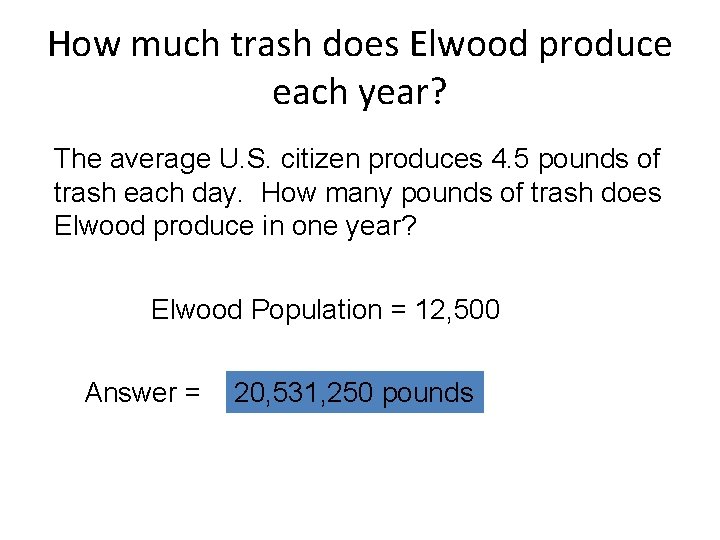 How much trash does Elwood produce each year? The average U. S. citizen produces How much trash does Elwood produce each year? The average U. S. citizen produces