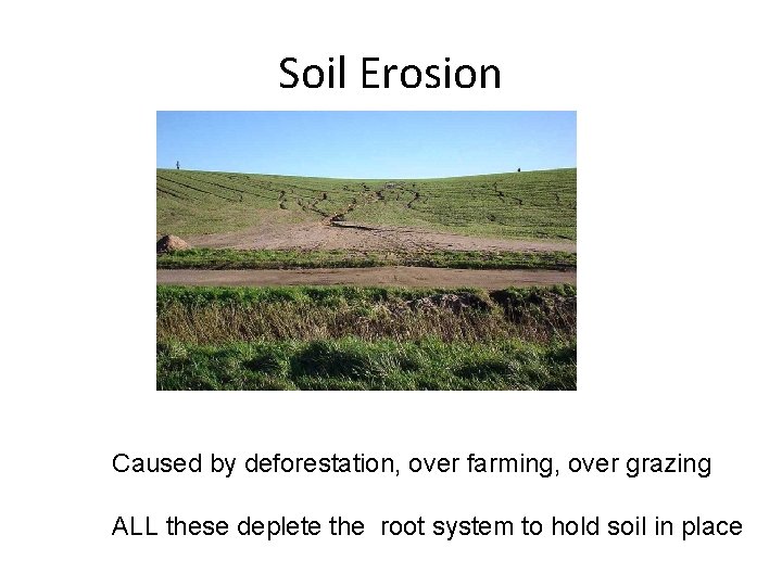 Soil Erosion Caused by deforestation, over farming, over grazing ALL these deplete the root Soil Erosion Caused by deforestation, over farming, over grazing ALL these deplete the root
