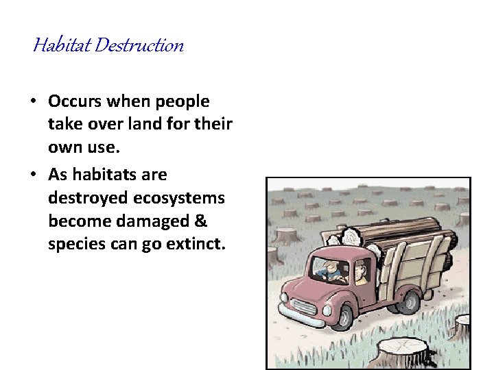 Habitat Destruction • Occurs when people take over land for their own use. • Habitat Destruction • Occurs when people take over land for their own use. •