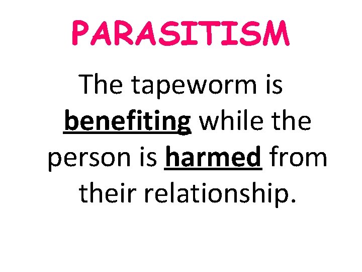 PARASITISM The tapeworm is benefiting while the person is harmed from their relationship. PARASITISM The tapeworm is benefiting while the person is harmed from their relationship.