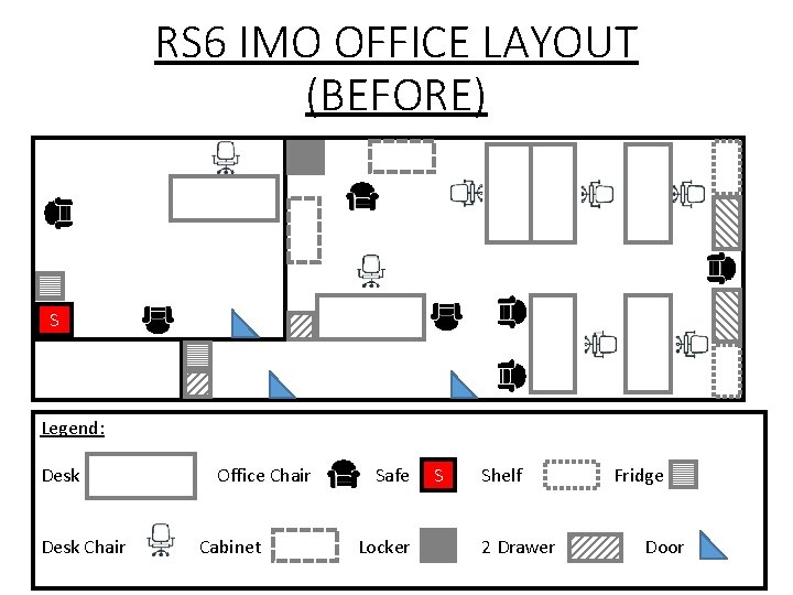 RS 6 IMO OFFICE LAYOUT (BEFORE) S Legend: Desk Chair Office Chair Cabinet Safe