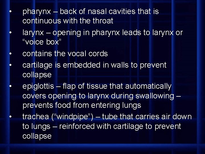  • • • pharynx – back of nasal cavities that is continuous with