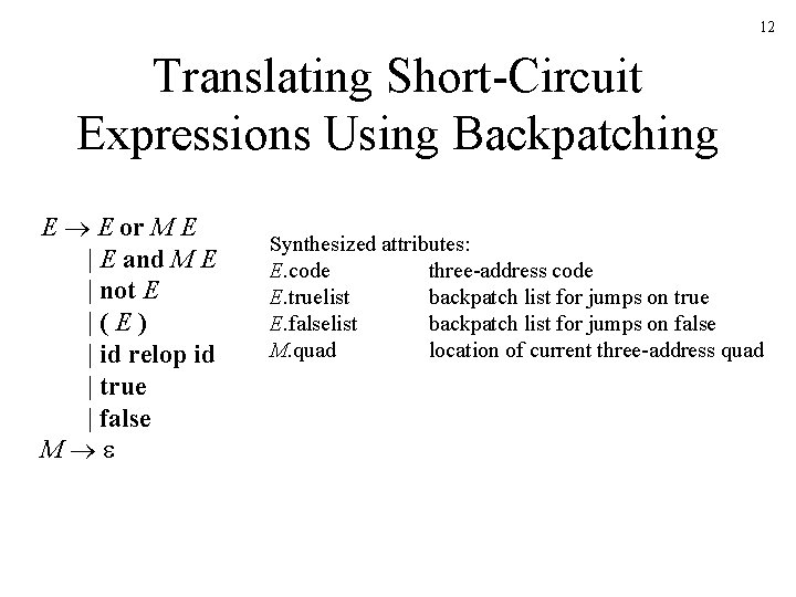 12 Translating Short-Circuit Expressions Using Backpatching E E or M E | E and 12 Translating Short-Circuit Expressions Using Backpatching E E or M E | E and