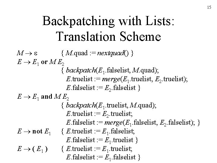 15 Backpatching with Lists: Translation Scheme M { M. quad : = nextquad() } 15 Backpatching with Lists: Translation Scheme M { M. quad : = nextquad() }