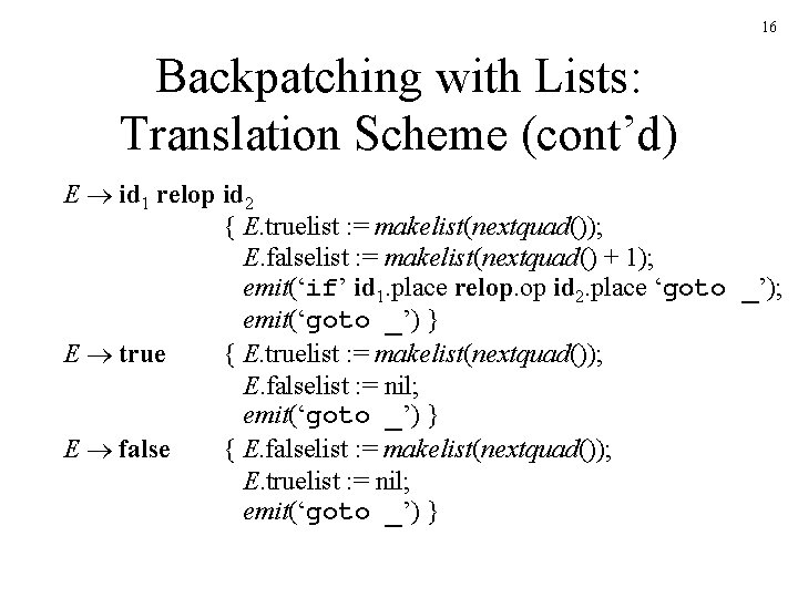 16 Backpatching with Lists: Translation Scheme (cont’d) E id 1 relop id 2 { 16 Backpatching with Lists: Translation Scheme (cont’d) E id 1 relop id 2 {