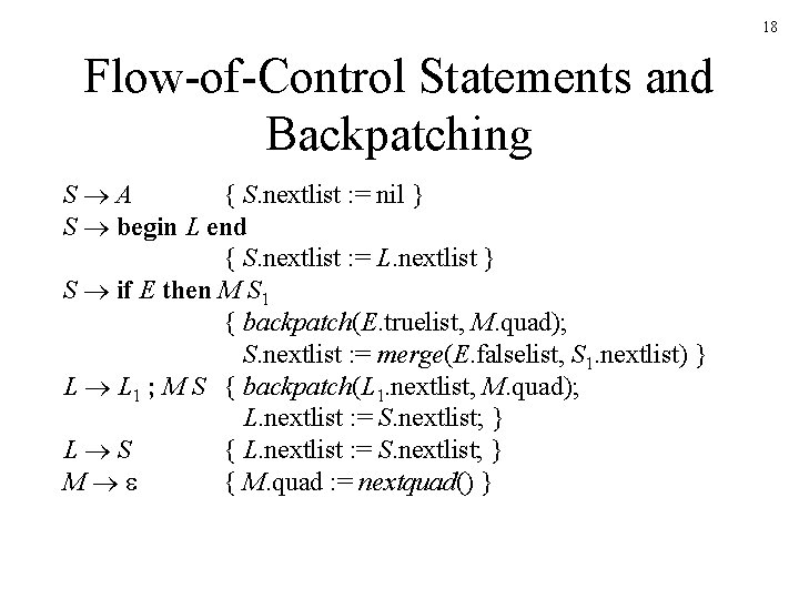 18 Flow-of-Control Statements and Backpatching S A { S. nextlist : = nil } 18 Flow-of-Control Statements and Backpatching S A { S. nextlist : = nil }