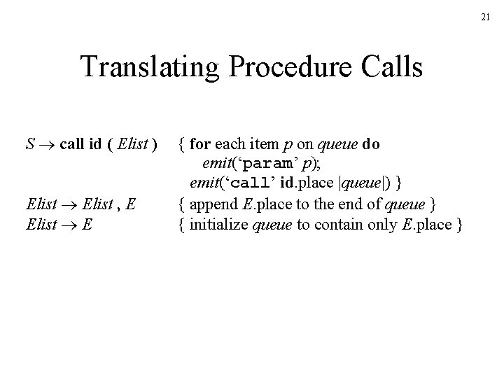 21 Translating Procedure Calls S call id ( Elist ) Elist , E Elist 21 Translating Procedure Calls S call id ( Elist ) Elist , E Elist