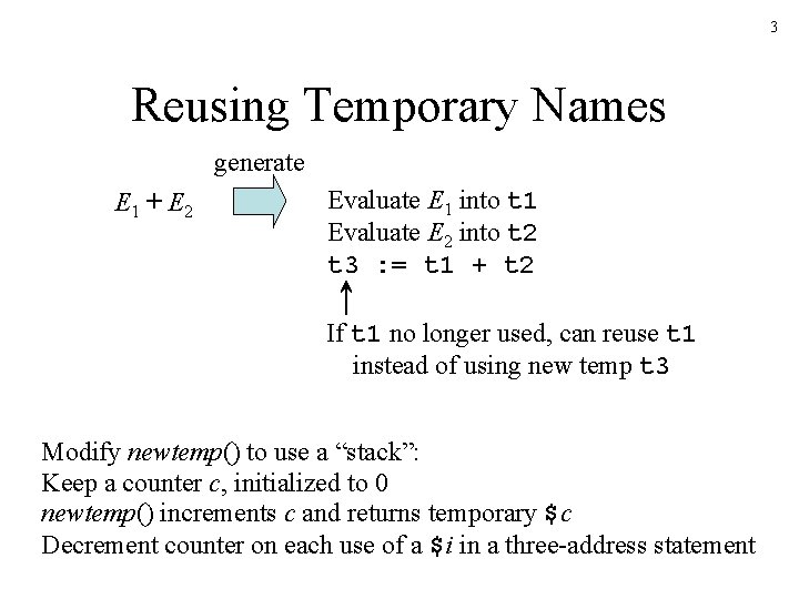 3 Reusing Temporary Names generate E 1 + E 2 Evaluate E 1 into 3 Reusing Temporary Names generate E 1 + E 2 Evaluate E 1 into