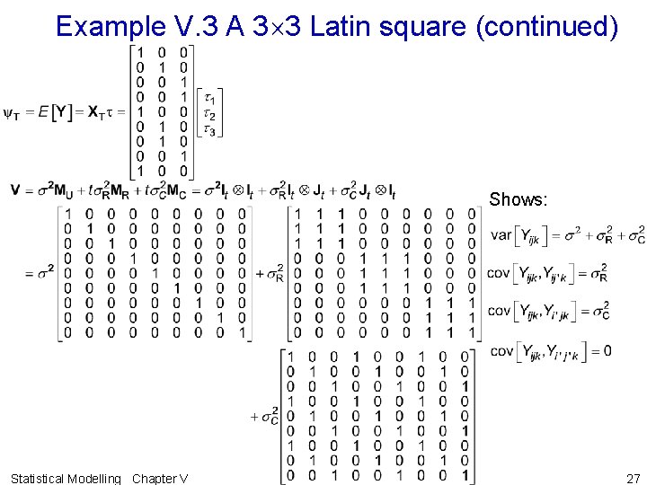 Example V. 3 A 3 3 Latin square (continued) Shows: Statistical Modelling Chapter V