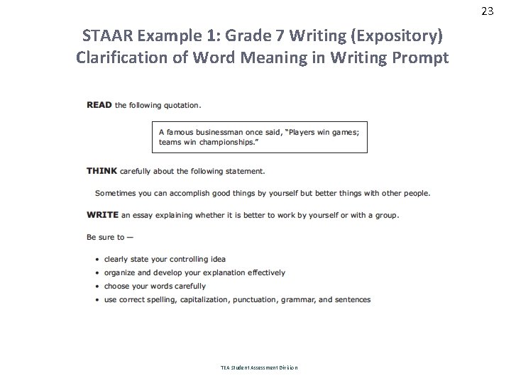 23 STAAR Example 1: Grade 7 Writing (Expository) Clarification of Word Meaning in Writing