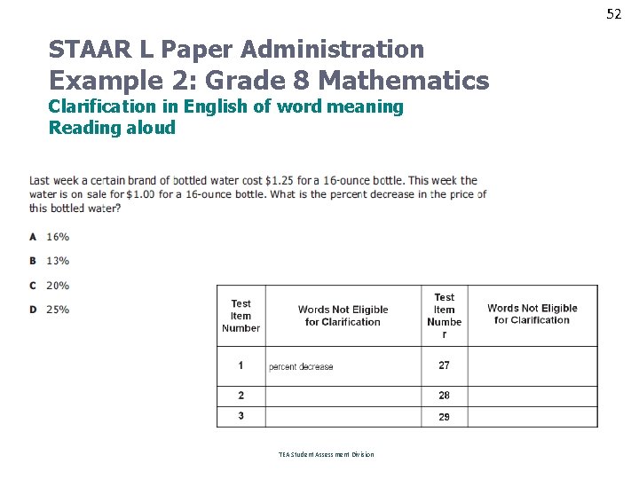 52 STAAR L Paper Administration Example 2: Grade 8 Mathematics Clarification in English of