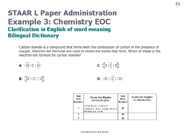 53 STAAR L Paper Administration Example 3: Chemistry EOC Clarification in English of word