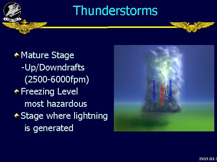 Thunderstorms Mature Stage -Up/Downdrafts (2500 -6000 fpm) Freezing Level most hazardous Stage where lightning