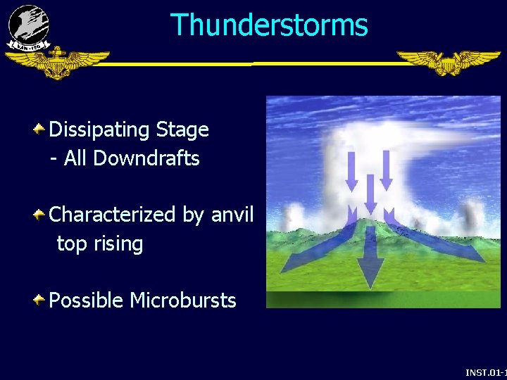 Thunderstorms Dissipating Stage - All Downdrafts Characterized by anvil top rising Possible Microbursts INST.