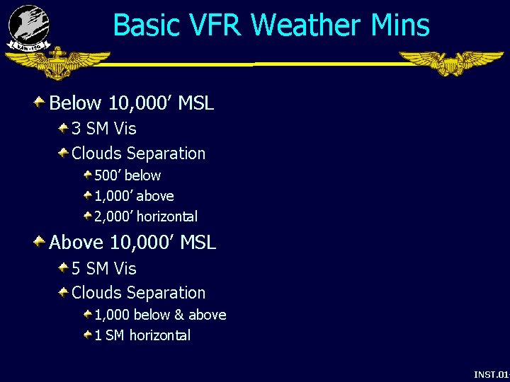 Basic VFR Weather Mins Below 10, 000’ MSL 3 SM Vis Clouds Separation 500’
