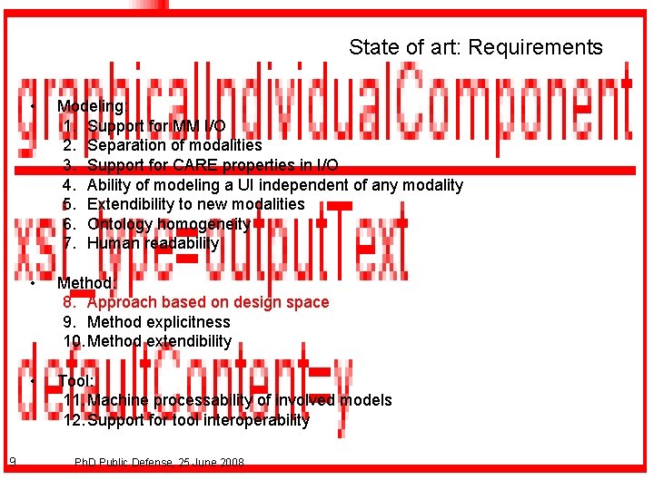 State of art: Requirements 9 • Modeling: 1. Support for MM I/O 2. Separation