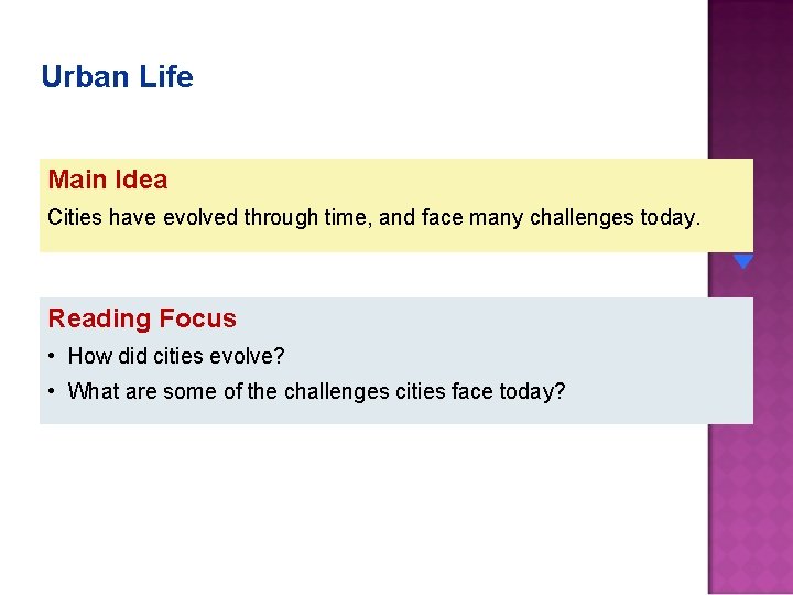 Urban Life Main Idea Cities have evolved through time, and face many challenges today.