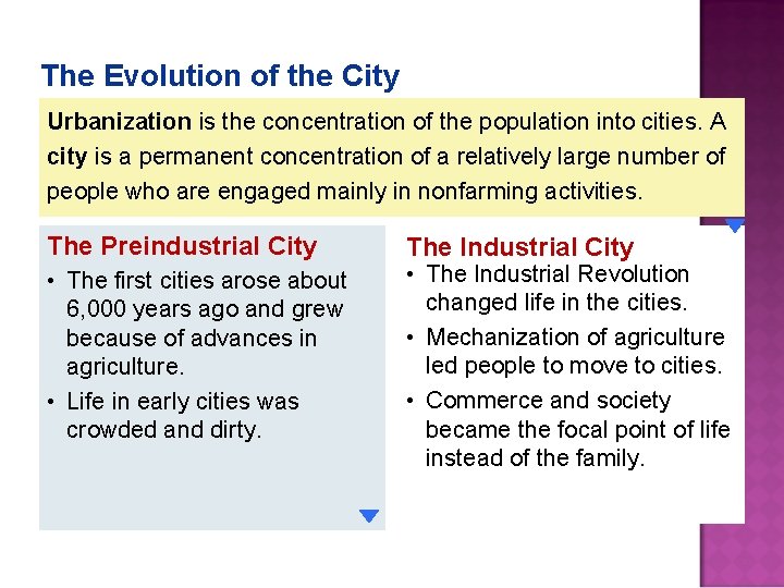 The Evolution of the City Urbanization is the concentration of the population into cities.