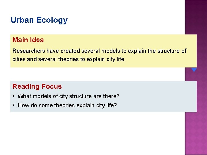 Urban Ecology Main Idea Researchers have created several models to explain the structure of
