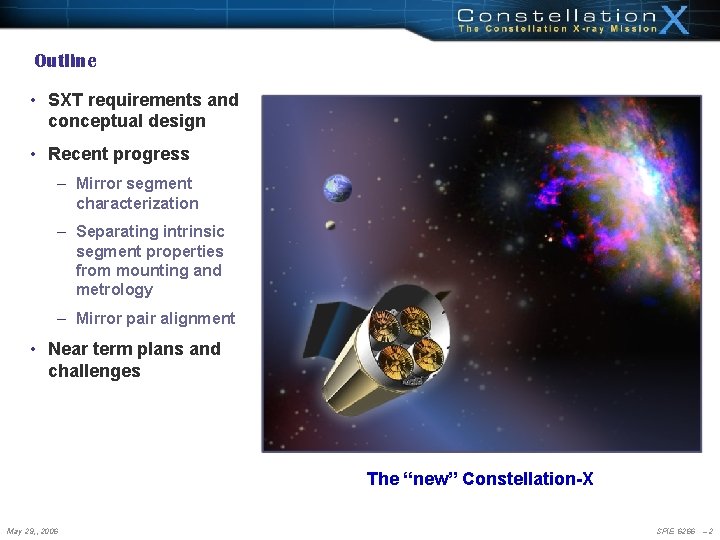 Outline • SXT requirements and conceptual design • Recent progress – Mirror segment characterization Outline • SXT requirements and conceptual design • Recent progress – Mirror segment characterization