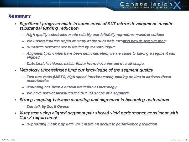 Summary • Significant progress made in some areas of SXT mirror development despite substantial Summary • Significant progress made in some areas of SXT mirror development despite substantial