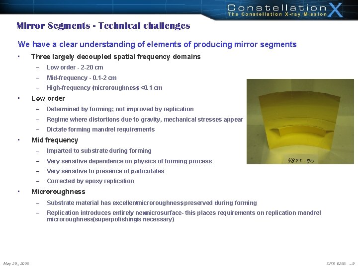 Mirror Segments - Technical challenges We have a clear understanding of elements of producing Mirror Segments - Technical challenges We have a clear understanding of elements of producing