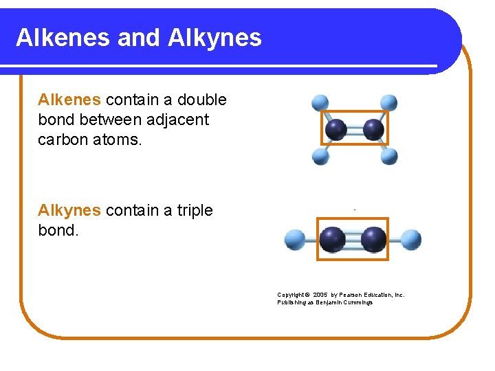 Alkenes and Alkynes Alkenes contain a double bond between adjacent carbon atoms. Alkynes contain