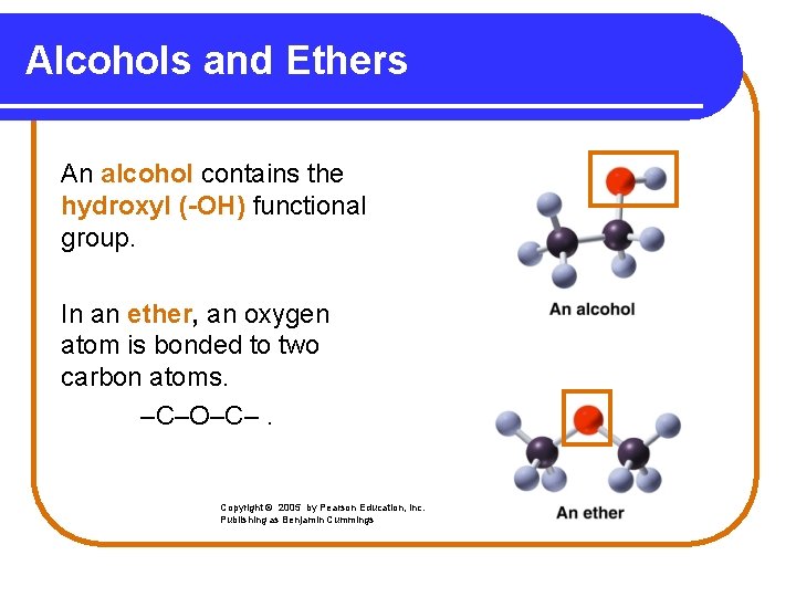 Alcohols and Ethers An alcohol contains the hydroxyl (-OH) functional group. In an ether,