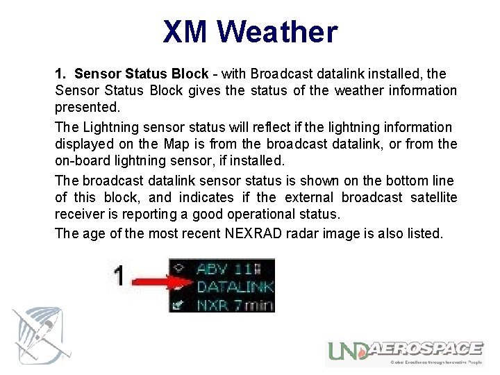 XM Weather 1. Sensor Status Block - with Broadcast datalink installed, the Sensor Status