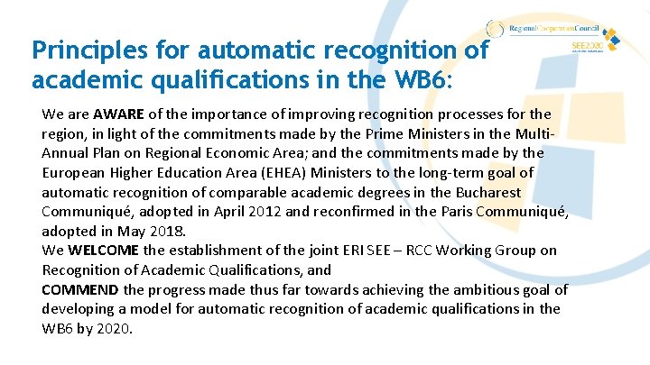 Principles for automatic recognition of academic qualifications in the WB 6: We are AWARE