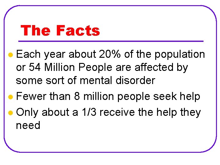 The Facts Each year about 20% of the population or 54 Million People are