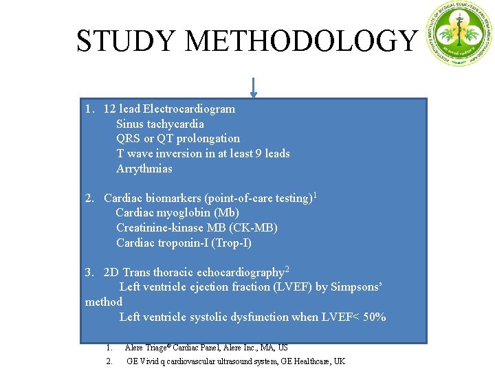 STUDY METHODOLOGY 1. 12 lead Electrocardiogram Sinus tachycardia QRS or QT prolongation T wave