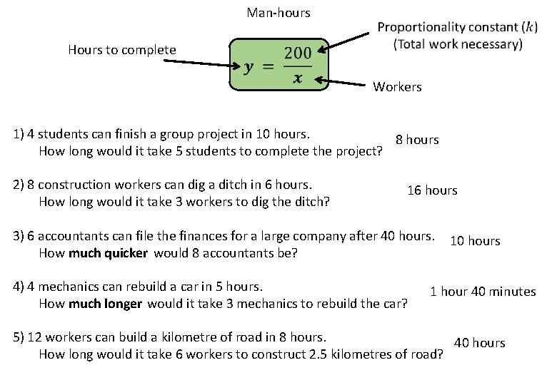 Man-hours Hours to complete Workers 1) 4 students can finish a group project in