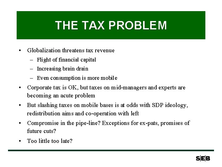 THE TAX PROBLEM • Globalization threatens tax revenue – Flight of financial capital –