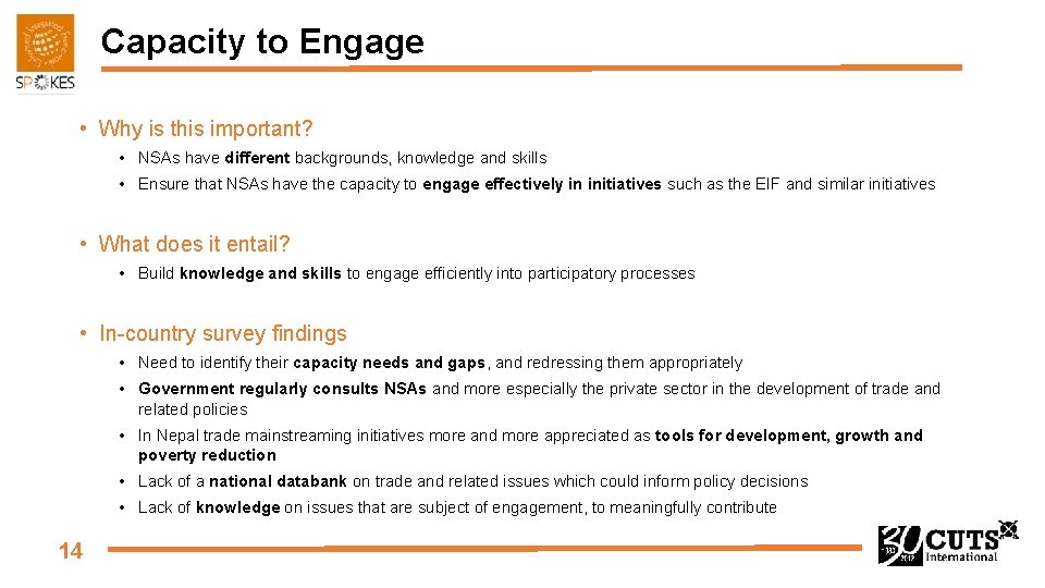 Capacity to Engage • Why is this important? • NSAs have different backgrounds, knowledge