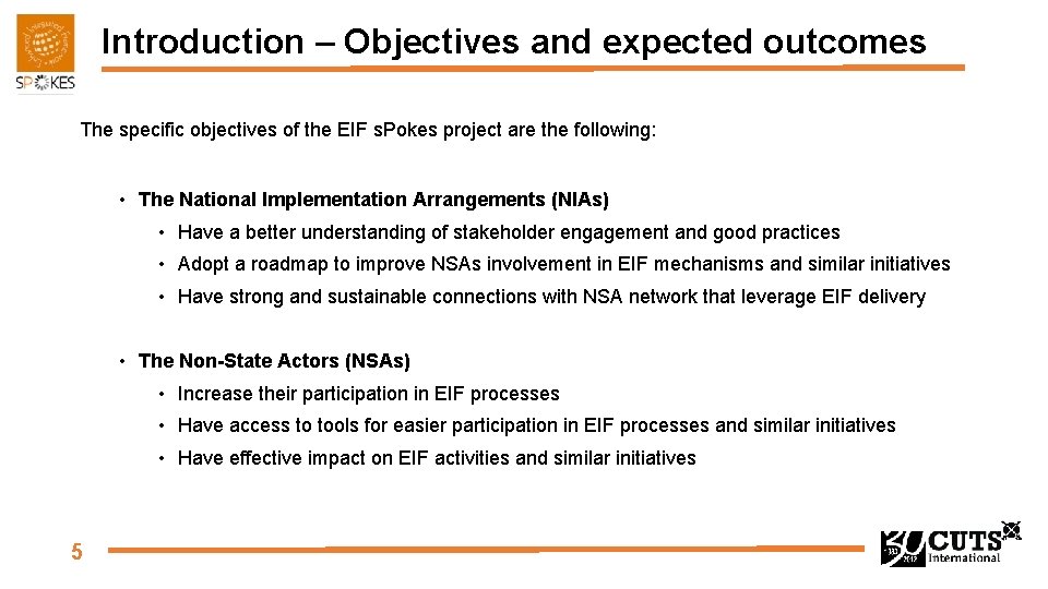 Introduction – Objectives and expected outcomes The specific objectives of the EIF s. Pokes